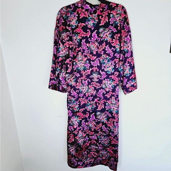 Vintage '70s Dentelle Purple Floral Print Kimono Robe Nightgown Dressing Gown L - Picture 2 of 9